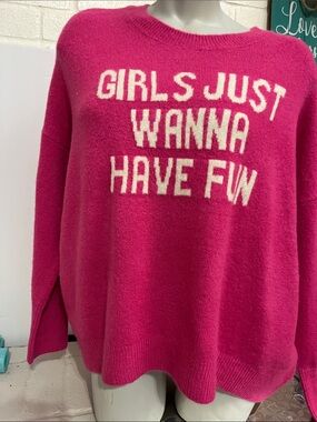 CeCe Hot Pink Crewneck Sweater with White Slogan